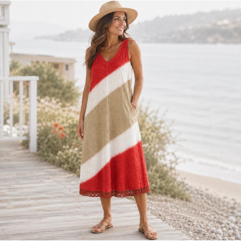 Haris Cotton Womens 100% Linen Sundress Size S V Neck Resort Beach Travel Greece
